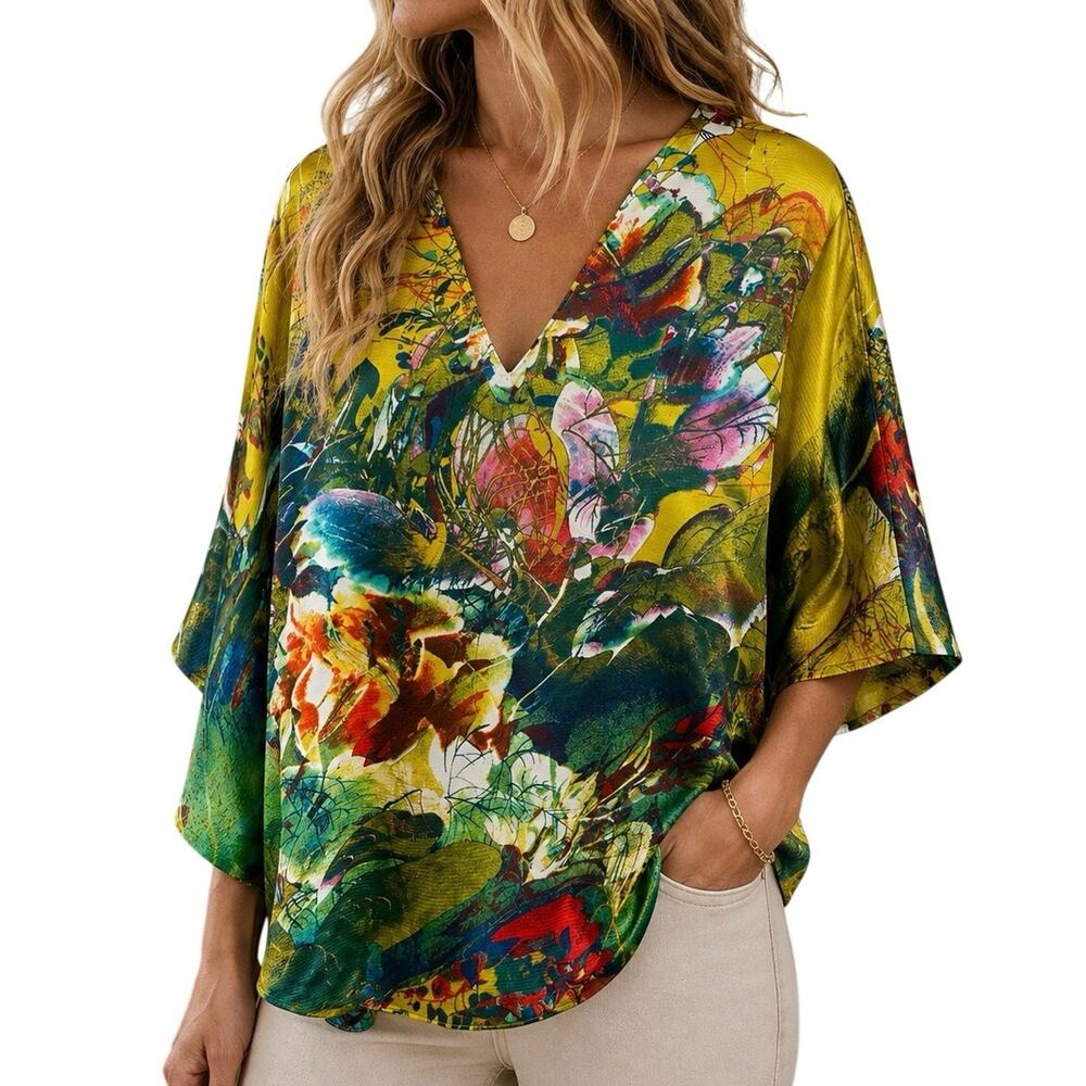 NATORI Plus Size 1X Floral Yellow Silky Back Tie Blouse Shirt Top Tropical Beach